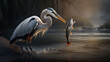 heron in water and fish 
