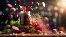 A Jar Of Sauce In Mid-air, Accompanied By Flying Beets And An Assortment Of Spices