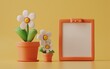 Wooden frame with place for text with succulent in ceramic pot. Modern style room interior