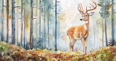 Wall Mural - watercolor deer in the forest, hyperdetailed