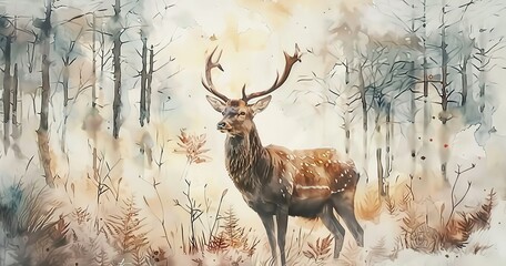 Wall Mural - watercolor deer in the forest, hyperdetailed