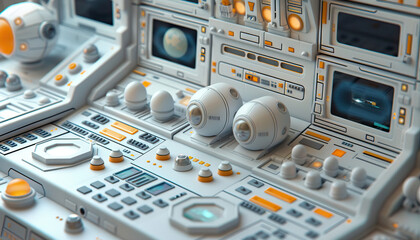 science fiction space station: a space station set with control panels, space capsules, and zero-gra