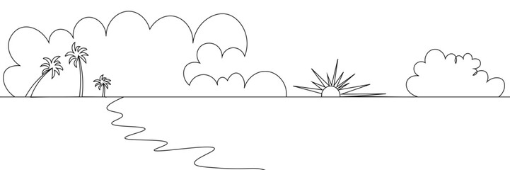 One continuous line drawing of beach with palm tree. Abstract tropical landscape with sea and clouds in simple linear style. Travel vacation in editable stroke. Doodle panoramic vector