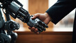 Symbol of business relations between man and robot, handshake at a conference, at home, at a business meeting