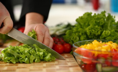 Wall Mural - Cook holds knife in hand and cuts on cutting board green for salad or fresh vegetable soup with vitamins. Raw food and vegetarian recipe book in modern society popular concept.