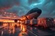 A cargo plane preparing for takeoff, its engines roaring to life, while ground crew members complete safety checks and load cargo containers onto the aircraft
