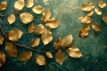 A luxurious gold decoration art wallpaper. An image of golden leaves with a curved line, a plant, bamboo with golden leaves and a green background.