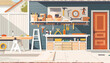 © Lila Patel - DIY Home Renovation Workshop: A renovation workshop set with tools, building materials, and renovation projects for home improvement shows.