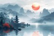 Modern landscape painting, Chinese style, mood landscape painting, golden texture. Ink landscape painting. Contemporary art. Prints, wallpapers, posters, murals, carpets.