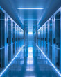 © Rich4289 - Data center powered by renewable energy, rows of servers, cool blue light, front view, modern