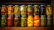 Colorful shelves filled with jars of preserved vegetables, showcasing the art of pickling, with vibrant greens, yellows, and reds enlivening the preservation process.