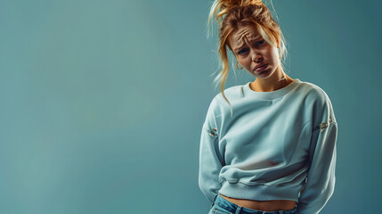 Wall Mural - A woman in a sweatshirt suffering from stomach pain isolated on background