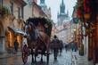 A horse-drawn carriage transporting delighted tourists along historic cobblestone streets, with the clip-clop of horse hooves and the aroma of street food in the air
