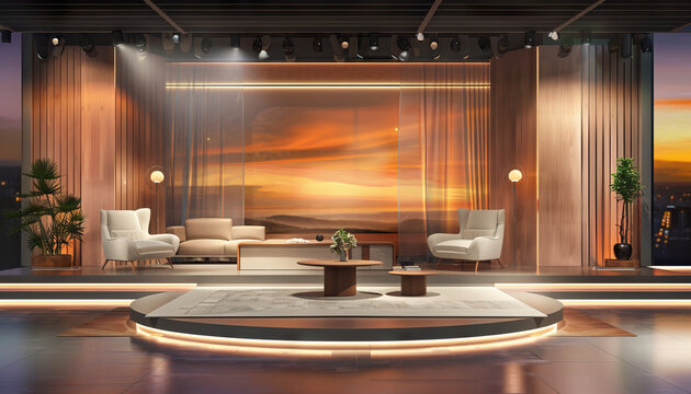 Modern Family Talk Show Set: A sleek and stylish set with contemporary furniture and a backdrop featuring modern family lifestyle