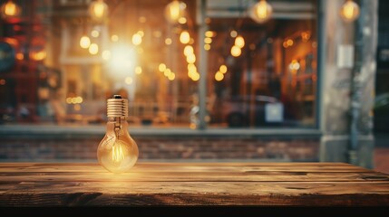 Poster - Generative AI : Wooden table top on blurred shop window of cafe with light bulb. Background for product display montage