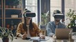 Generative AI : Man and woman with VR virtual reality goggles are working in the office. 