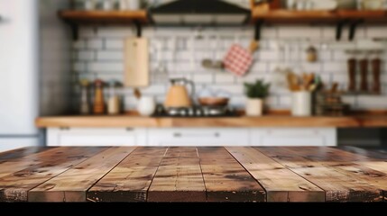 Poster - Generative AI : Wood table top on blurred kitchen background. can be used mock up for montage products display or design layout