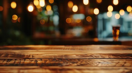 Poster - Generative AI : empty wooden table on blurred light gold bokeh of cafe restaurant on dark background