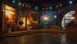 Astrophysics Talk Show Studio: Set with astrophysics-themed decor, telescope models, and a backdrop featuring astronomical phenomena and cosmic events