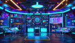 Tech Innovation Talk Show Set: A futuristic set with high-tech gadgets, interactive displays, and a backdrop featuring digital innovations and tech breakthroughs