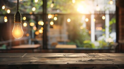 Poster - Generative AI : Wooden table top on blurred shop window of cafe with light bulb. Background for product display montage