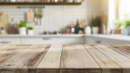 Poster - Generative AI : Wood table top on blurred kitchen background. can be used mock up for montage products display or design layout