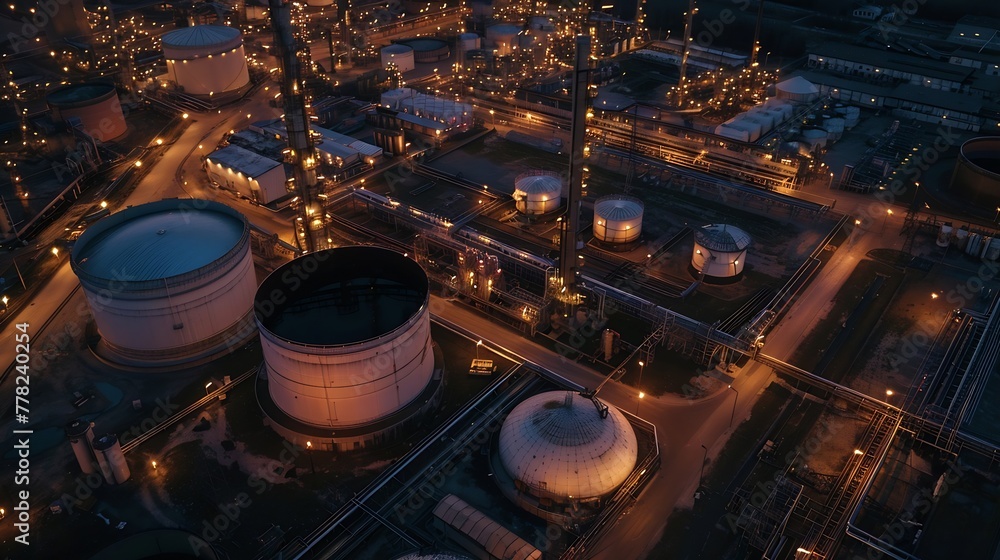 Generative AI : Aerial view Refinery and oil storage tanks at dusk and ...