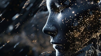 Fototapete - Generative AI : Abstract digital human face. Artificial intelligence concept of big data or cyber security. 3D illustration