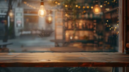 Aufkleber - Generative AI : Wooden table top on blurred shop window of cafe with light bulb. Background for product display montage