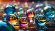  Abstract background with realistic bubbles, Rainbow reflection, Art style inspired by surrealism and impressionism, Camera: Canon EOS R5, Lens: 50mm f/1.8, Shot: Close-up, Rendered with high detail, 