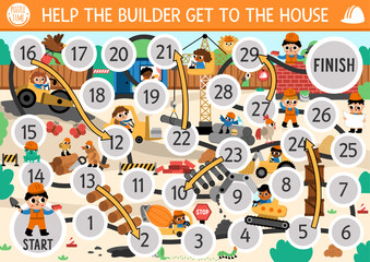  Construction site dice board game for children with cute kid builders, transport, bulldozer, tractor, crawler crane, animals. Building works boardgame.  Repair service printable activity for boy