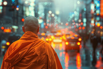 A rear view of a monk walking at a busy street