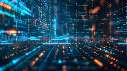 Digital background featuring an abstract digital space with floating code and data