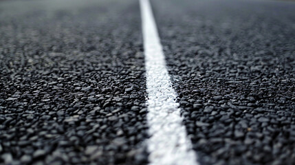 Close-up photo of asphalt road with white stripe. You can see many details on the photo.