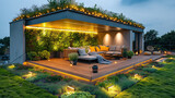 Fototapeta  - Green rooftop garden lounge with sustainable wood decking, solar-powered lighting, and drought-resistant plants. This outdoor space offers a peaceful retreat