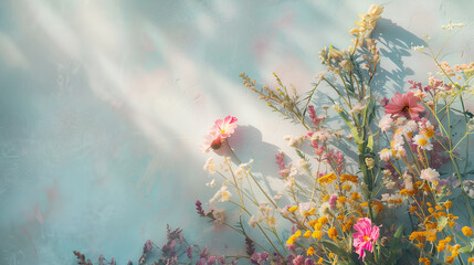 Wall Mural - Wildflowers on the right side of the frame on a blue tabletop.