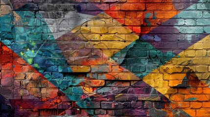 Poster - Colorful Geometric Graffiti on Brick Wall
A vibrant, geometric graffiti mural in various hues painted on a weathered brick wall, showcasing urban street art.
