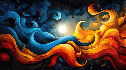 Wall Mural - Colorful abstract pattern of swirling wind and solar energy symbols forming a dynamic background, sustainable design