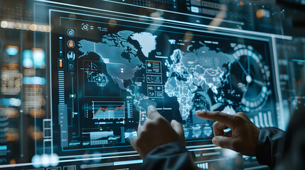 A digital display showing an interactive, data-laden screen with various graphs and charts representing global trade analytics