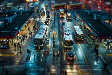 Wall Mural - A busy city street packed with cars, buses, and pedestrians moving swiftly in all directions