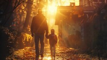 Back View Of Father And Son Walking In Autumn Forest At Sunset.