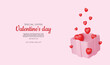 Valentine's day design. Realistic gifts boxes. Open gift box full of decorative festive object. Holiday banner, web poster, flyer, stylish brochure, greeting card, cover. Romantic background