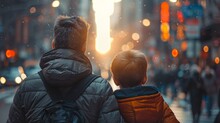 Back View Of Father And Son In Winter Clothes At City Background