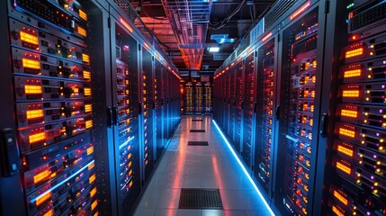 Wall Mural - server room with illuminated racks of hardware, technological infrastructure setting