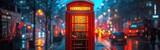 Fototapeta Fototapeta Londyn - Vintage telephone booth in a modern cityscape, retro filter and warm tones