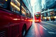 A red double-decker bus navigates through urban streets lined with tall buildings