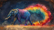 Dreamlike elephant painting illustration, walking, leaving behind a rainbow trail, amidst a powder galaxy, whimsical journey
