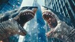 Office tower clash, business sharks in corporate duel, strategic warfare, financial dominance, 3D render