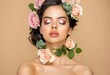 Stunning lady with pink lipstick and roses in her hair against beige background