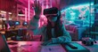 Woman Enjoying Virtual Reality with Headset in a Pink Neon Environment